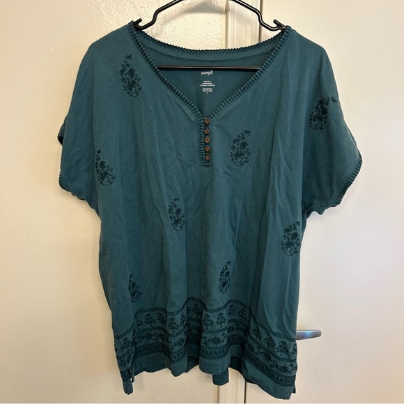 J. Jill Pure Jill Embroidered Button V Neck Tee Veridian Green Boho 100% Cotton - Picture 2 of 9
